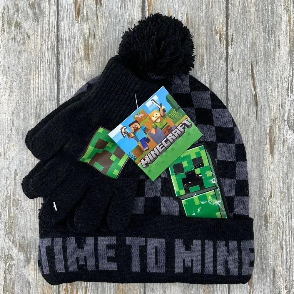 Minecraft Beanie Hat Knit & Ski Gloves 3-Piece Set